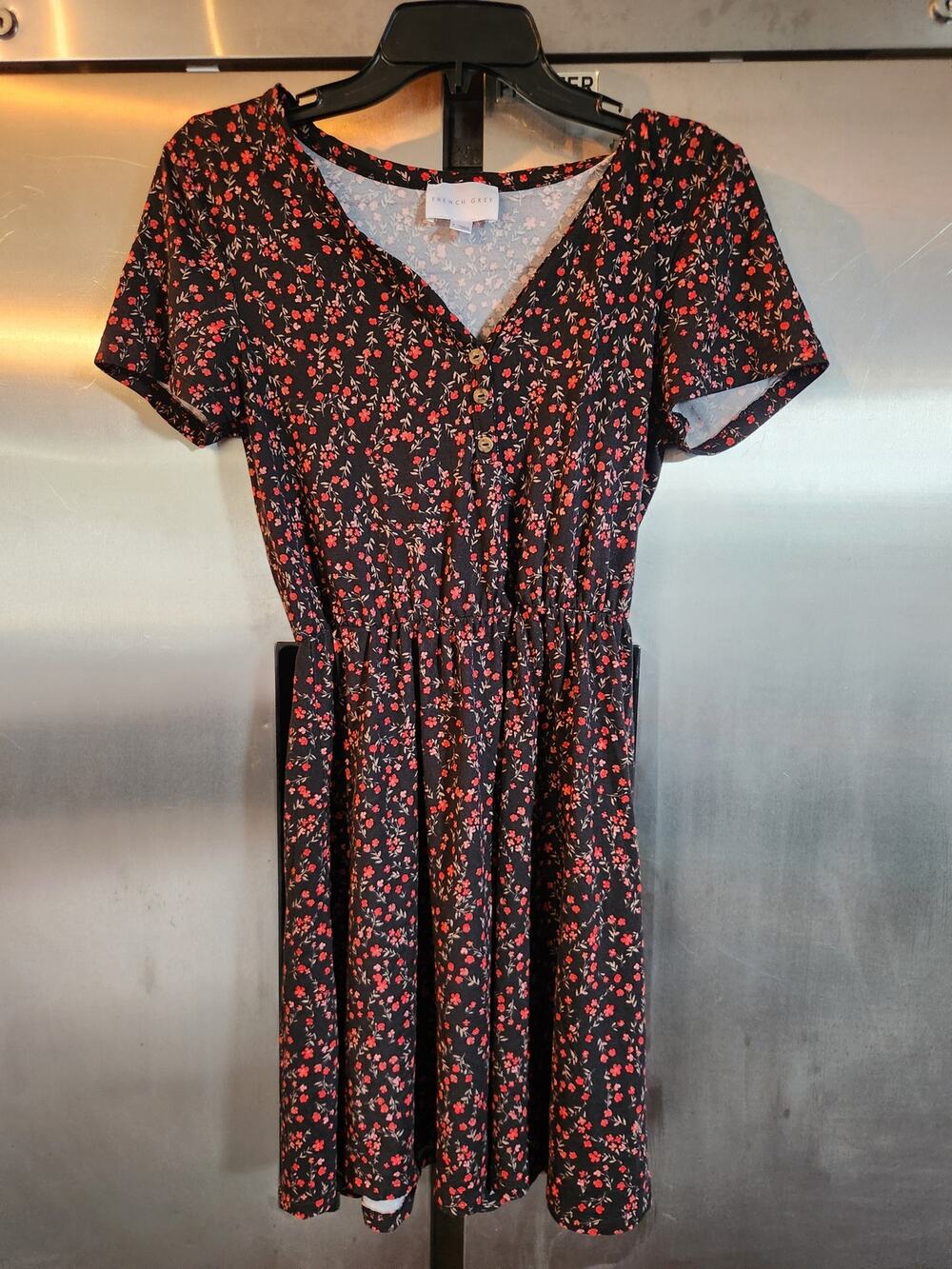French Grey Floral Print Dress Women's Size Small Black Red